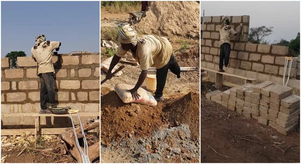 Photos of a disabled man working as a bricklayer.