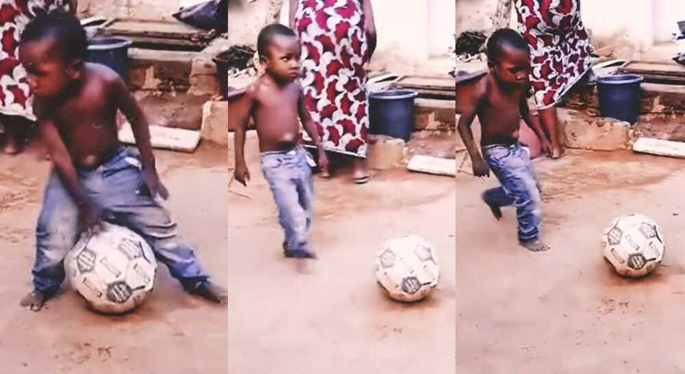 Photos of a little boy playing football.