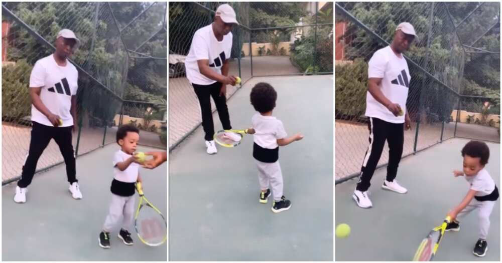 Regina Daniels’ son Munir plays tennis