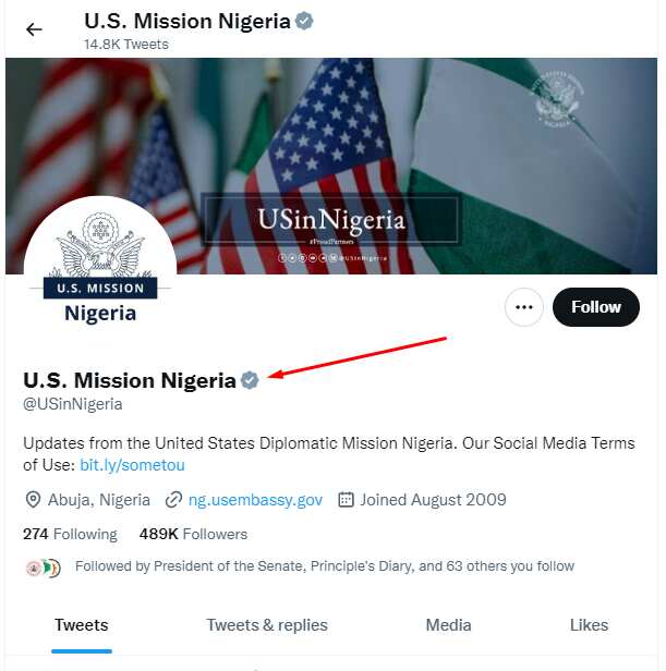 US Embassy Twitter page/Grey tick.