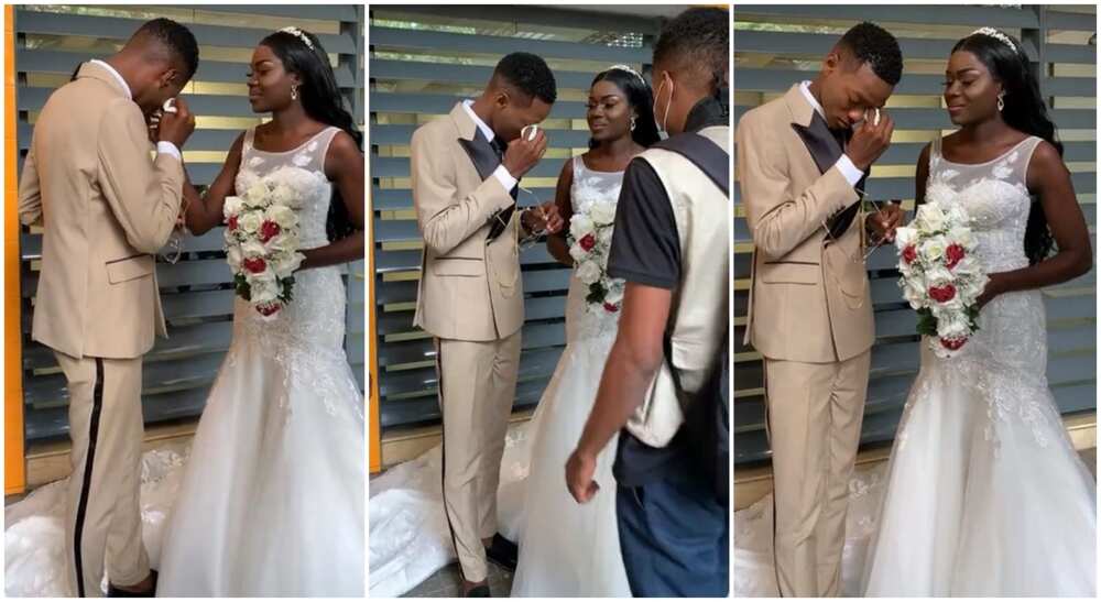 Photos of moment when a groom cried profusely at his own wedding.