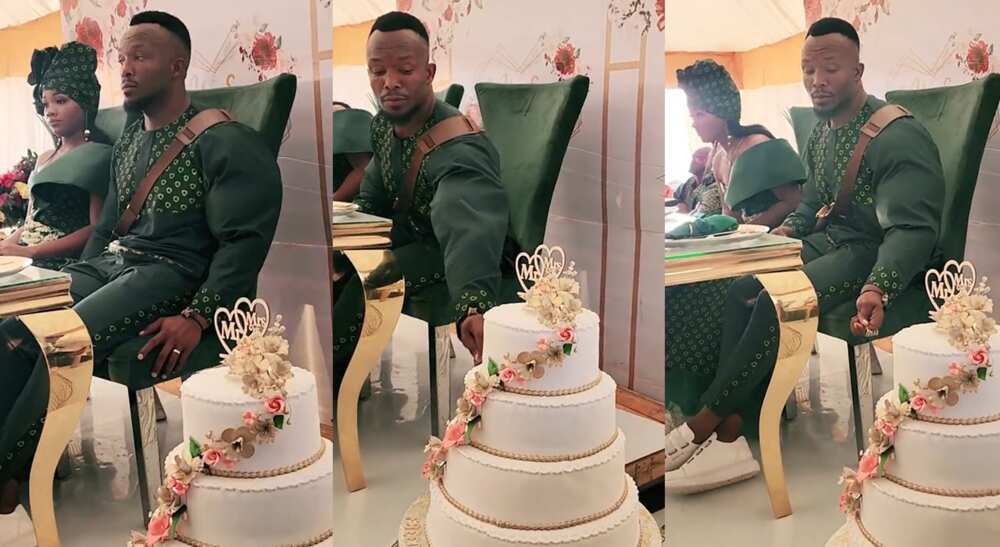 Photos of a bride attempting to eat his wedding cake.