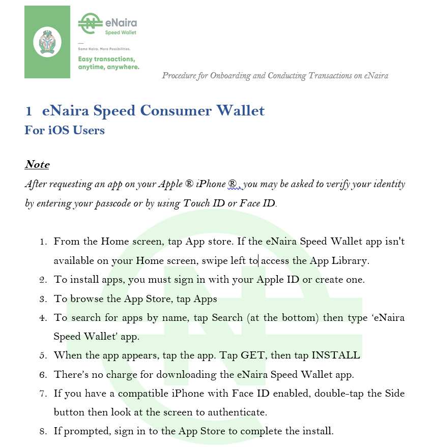 Procedure for onboarding eNaira Speed Wallet for iOS Users