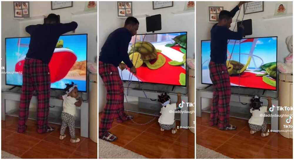 Photos of a dad using rope to secure his television against his daughter.