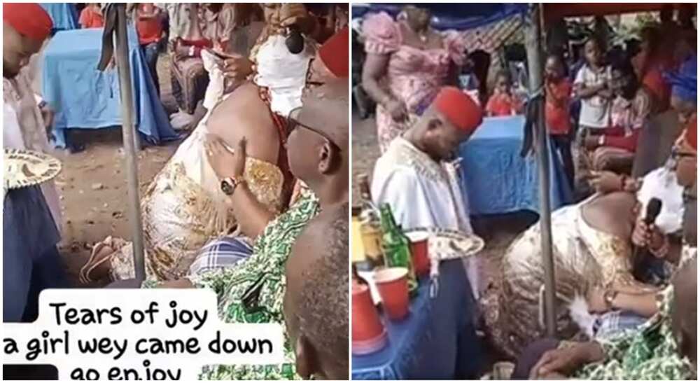 Pretty Nigerian bride kneeling down for wedding blessings.