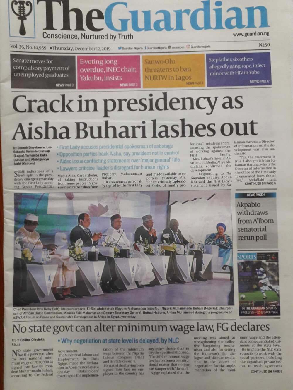 Nigeria newspaper The Guardian of Thursday, December 12.