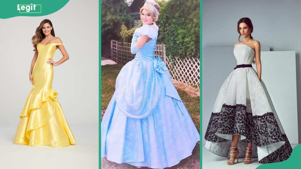 A yellow fit and flare (L), a light blue princess ball gown (C), and a white and black high low gown (R)