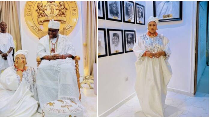 "Never laughed this hard in a long time": Nkechi Blessing poses with Ooni, blushes hard as they twin in white