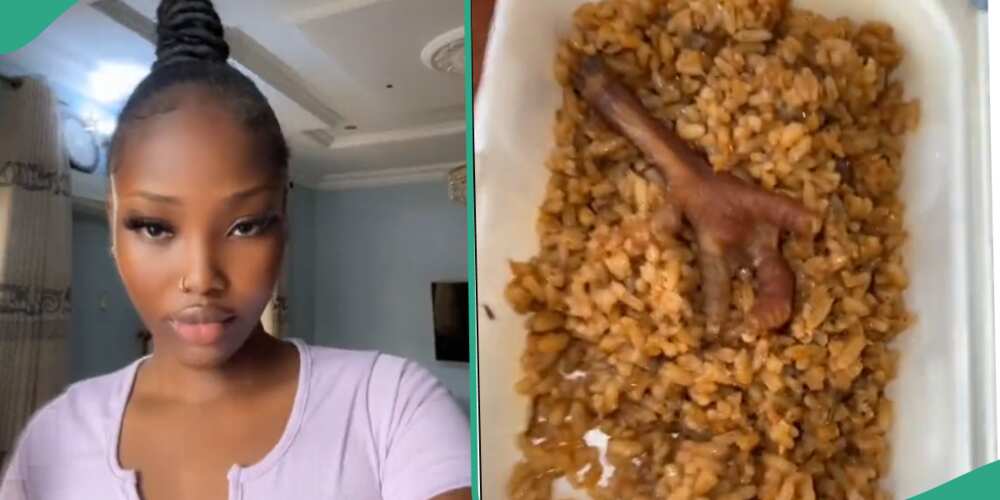 Lady shows jollof rice served a party.
