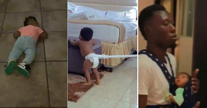 Fathers babysit kids, dad meets daughter on the floor, dad ties son with a rope