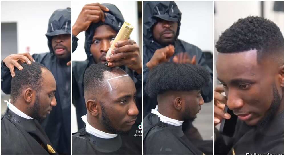 E Still Enter Inside: Reactions as Talented Barber Attaches Artificial Hair  on Man, Changes His Look in Video 