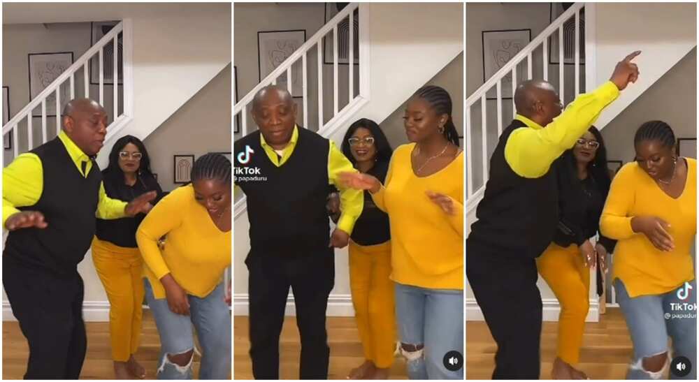 A man in a yellow dress took dancing by storm the moment his daughter and wife tried to engage him in Nigerian traditional waist dance.