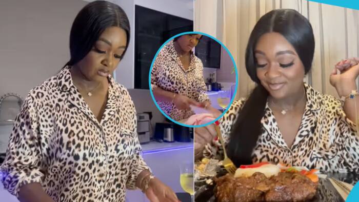 Ghanaians react as Jackie Appiah rocks designer outfit and makeup to prepare dinner in her kitchen