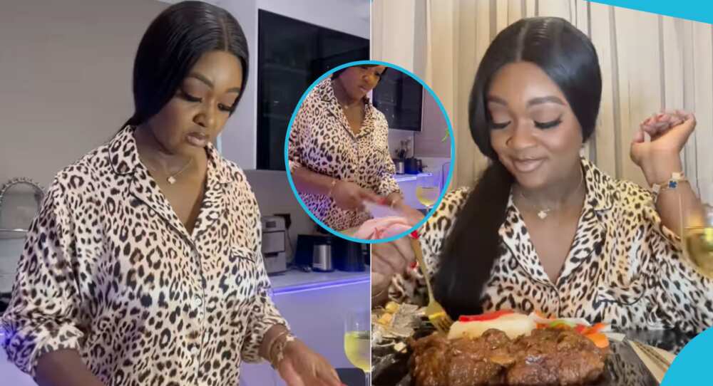 Jackie Appiah wears a stylish outfit to prepare chicken stew and rice