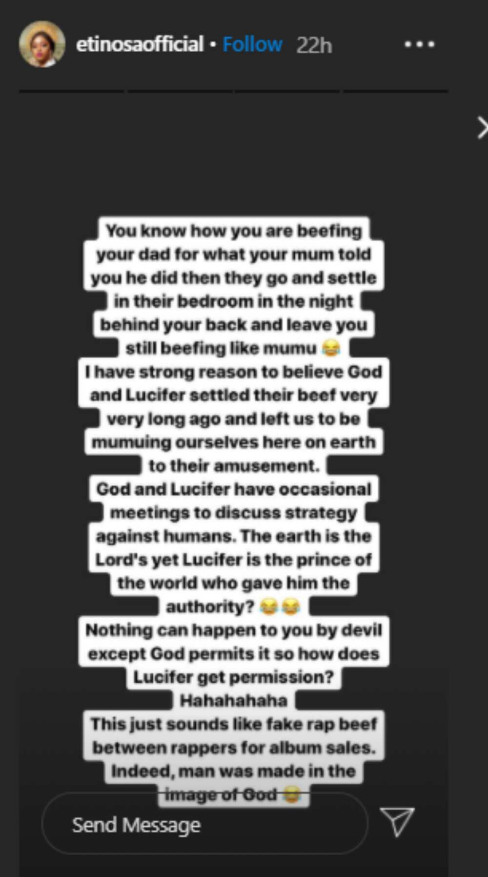 God and satan settled their beef a long time ago and left us to fool ourselves — Actress Etinosa God and satan settled their beef a long time ago and left us to fool ourselves — Actress Etinosa