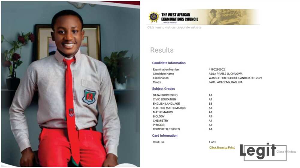 Praise scored A1 in eight WAEC subjects.