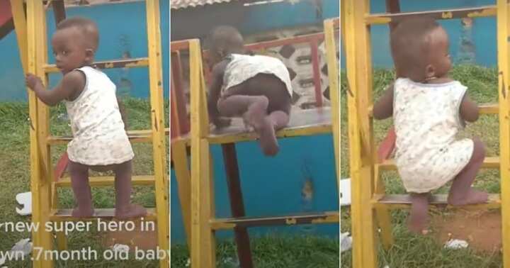7-month-old boy climbs ladder