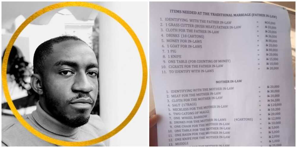 Man shares photo of his bride price list that includes 10k for father-in-law cigarette, sparks reactions