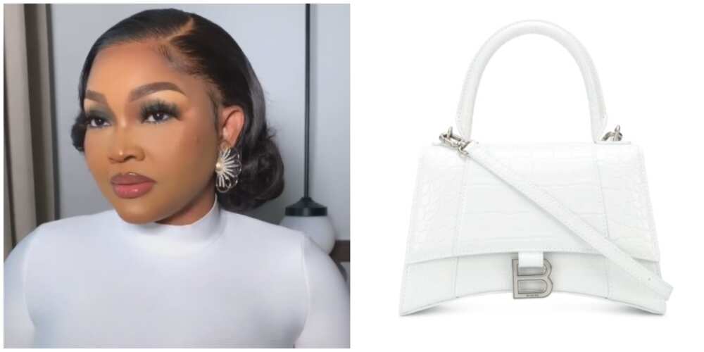 Photos of Mercy Aigbe and a designer bag.