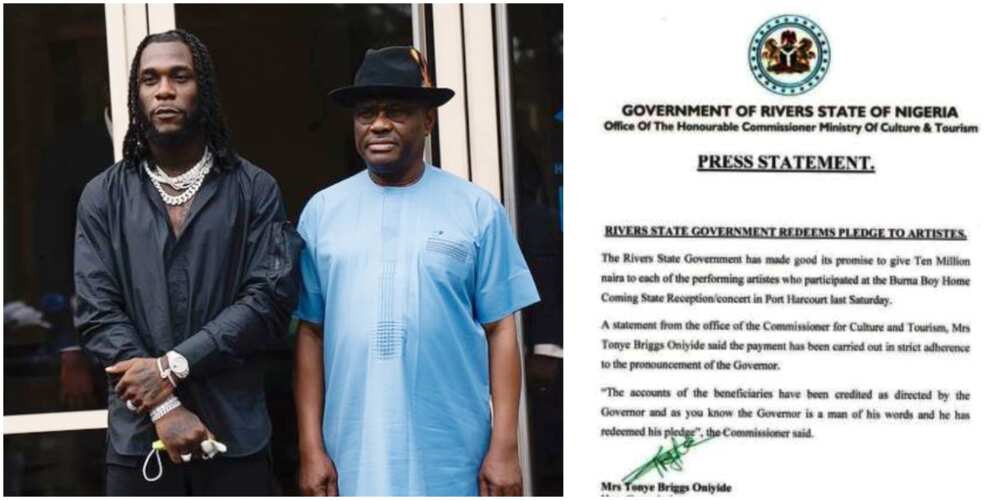 Man of His Words: Governor Wike Fulfils N10m Pledge to Artistes at Burna Boy’s Homecoming Despite Criticisms