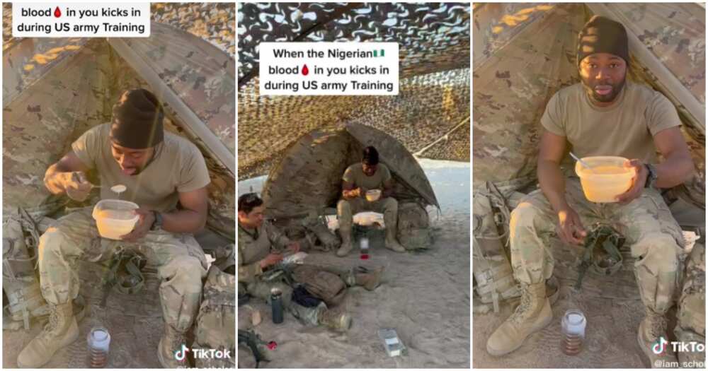 Nigerian man in US army drinks garri, garri and kuli kuli in US army, Nigerian man in US army training