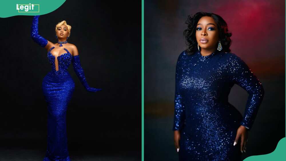 Ladies in navy blue sequence gowns
