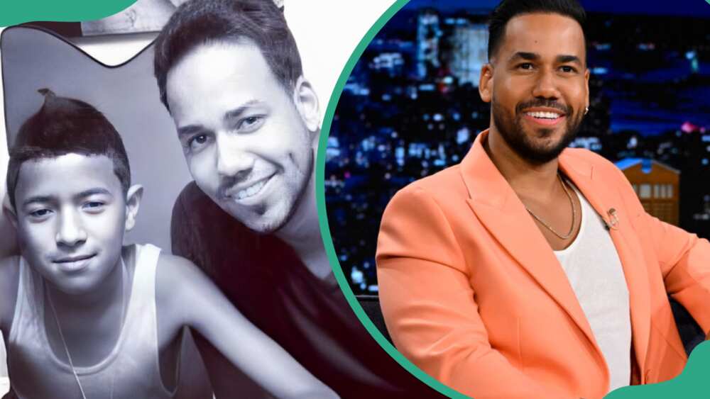 Alex Damian posing for a photo with his father (L). Singer-songwriter Romeo Santos during an interview with host Jimmy Fallon (R)