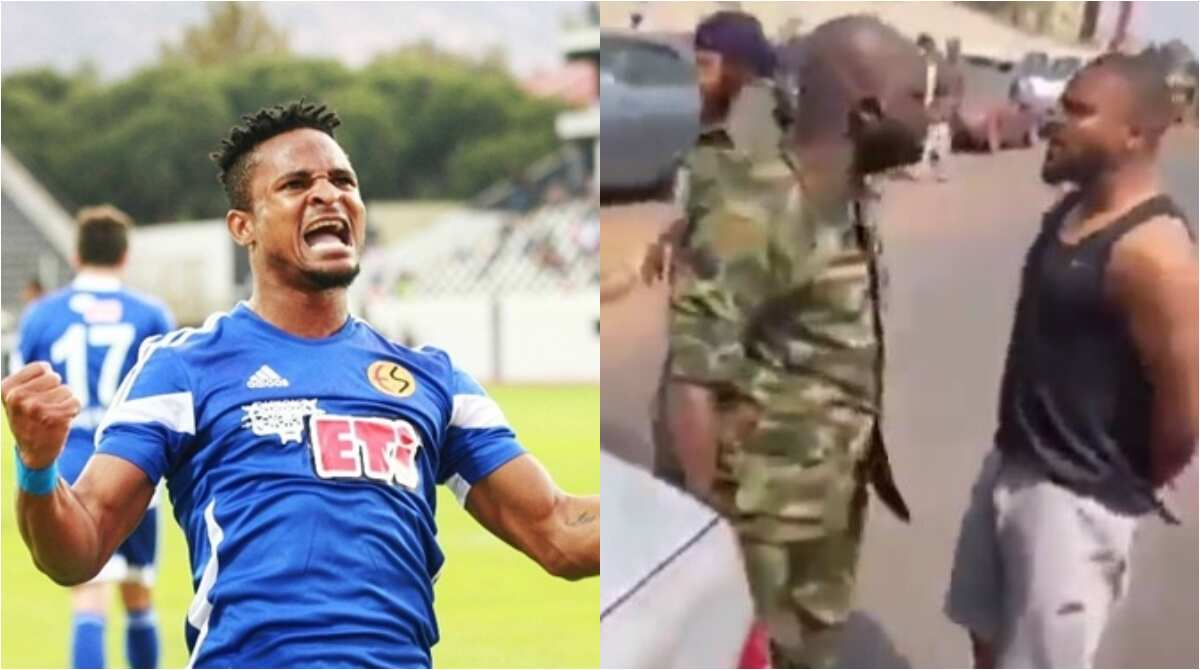 See what angry foreign-based footballer did to Nigerian soldier for allegedly slapping him (video)