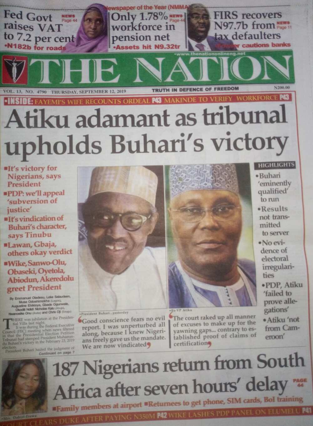 The Nation newspaper review of September 12