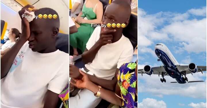 Man flies on aeroplane, scared, flight