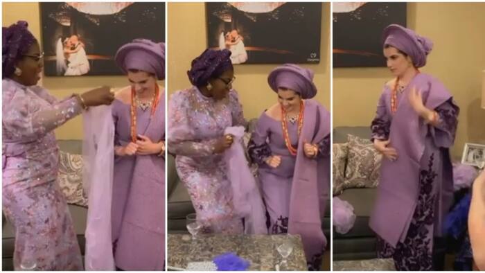 Oyinbo bride bends down nicely, dishes Yoruba dance steps as she prepares for traditional engagement in video
