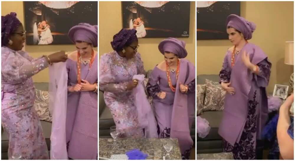 Oyinbo bride in purple Yoruba dress prepares to be engaged to a Nigerian man.
