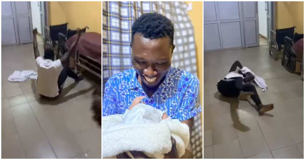 Overjoyed new dad, overjoyed Nigerian man celebrates wife's delivery, man celebrates wife's delivery widely, man jubilates widely on floor