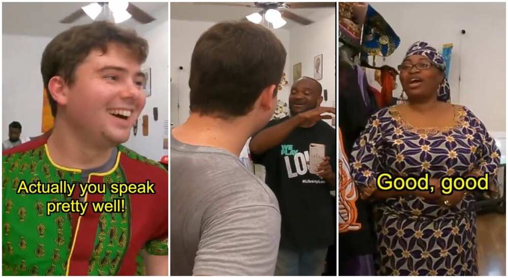 Photos of White man speaking Yoruba language to two Nigerians.