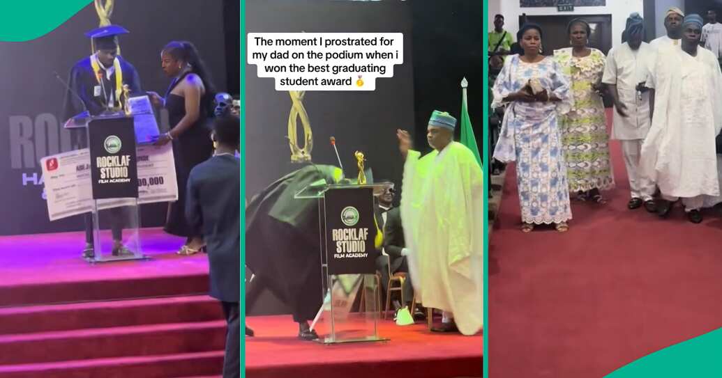 WOW! Nigerian film academy graduate wins N1 million, prostrates to father in heartwarming viral video celebrating his achievement