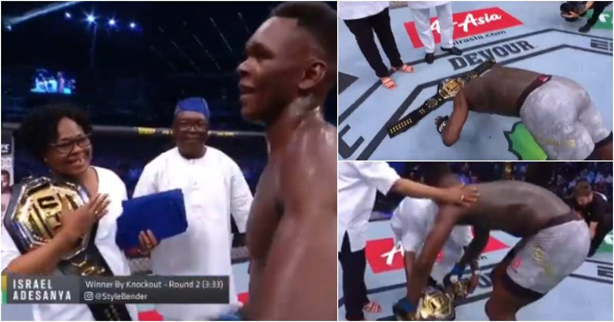 Video of adorable moment Israel Adesanya prostrated for his parents after b...
