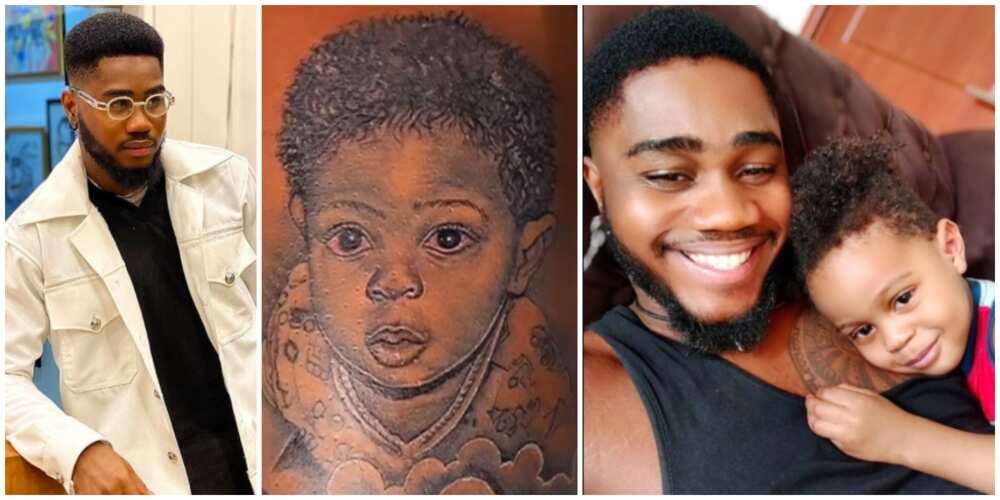 Daddy's boy always: BBNaija star Praises tattoos son's face on his arm