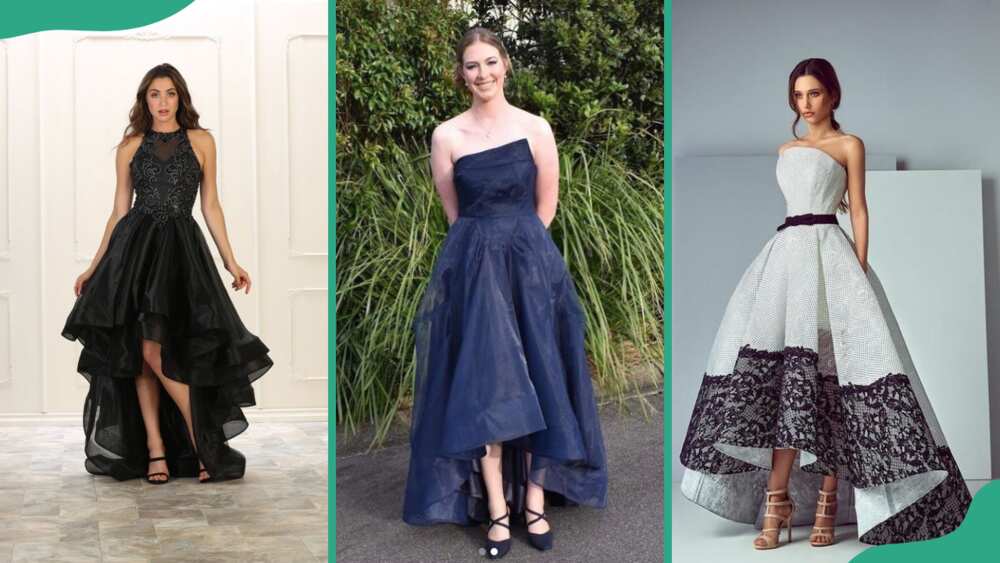 Black high low gown (L), navy blue high low gown (C), and a white and black high low ball gown (R)