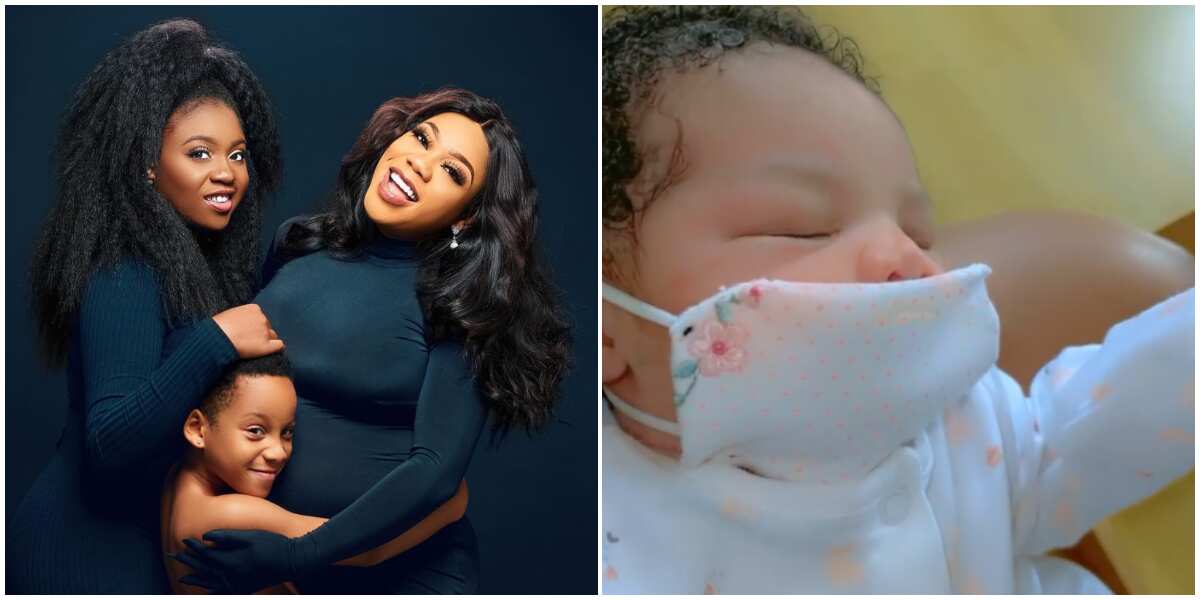 Toyin Lawani unveils face of her newborn lookalike daughter, says she named her after late mum