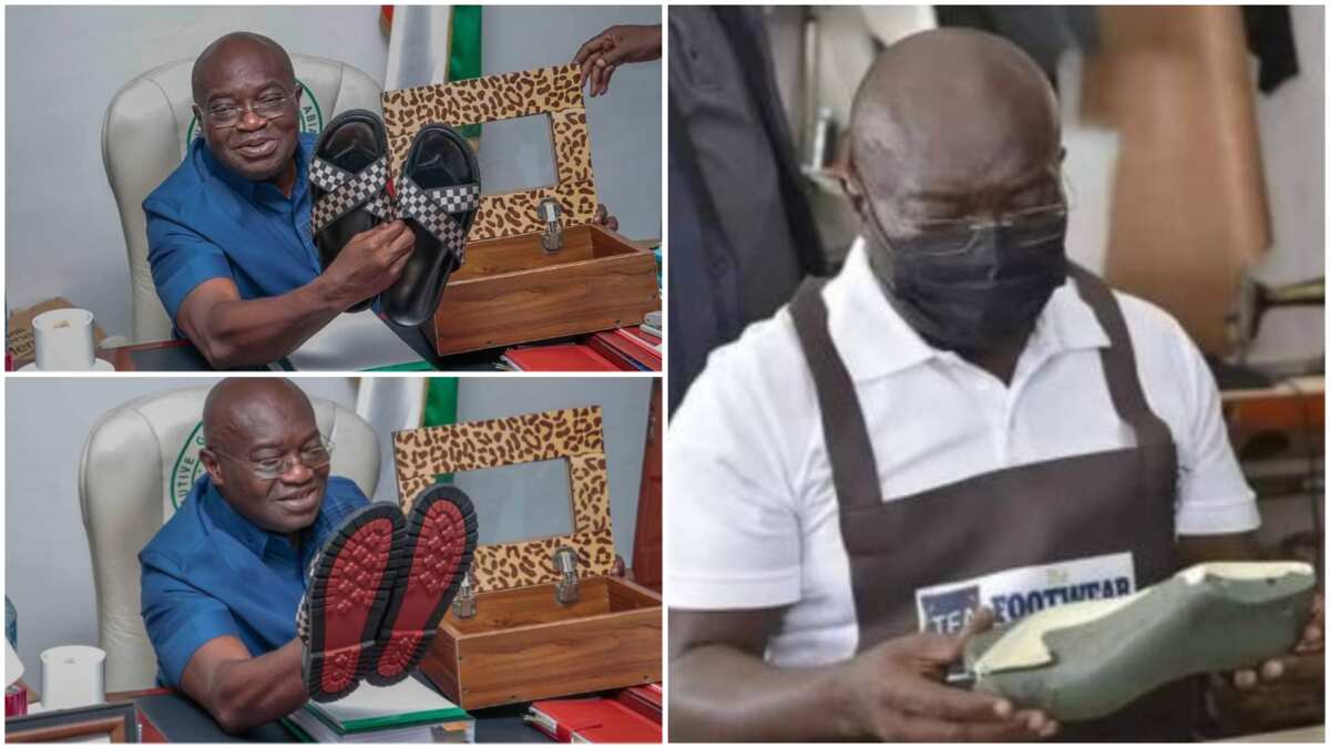 Nigerian governor turns shoemaker, displays sandals made by him, shares photos