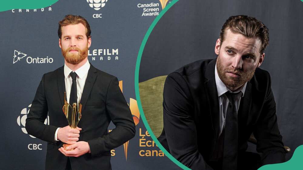Jared Keeso for an awards ceremony in Toronto (L) and him at another awards ceremony in Scotiabank Saddledome (R)