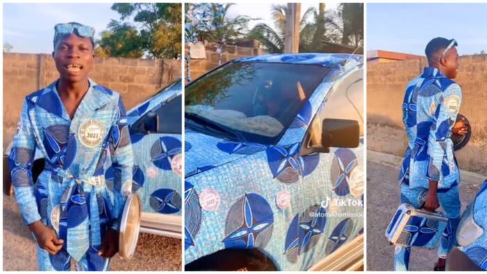 Man matches blue ankara outfit with car, sports huge 'wristclock'