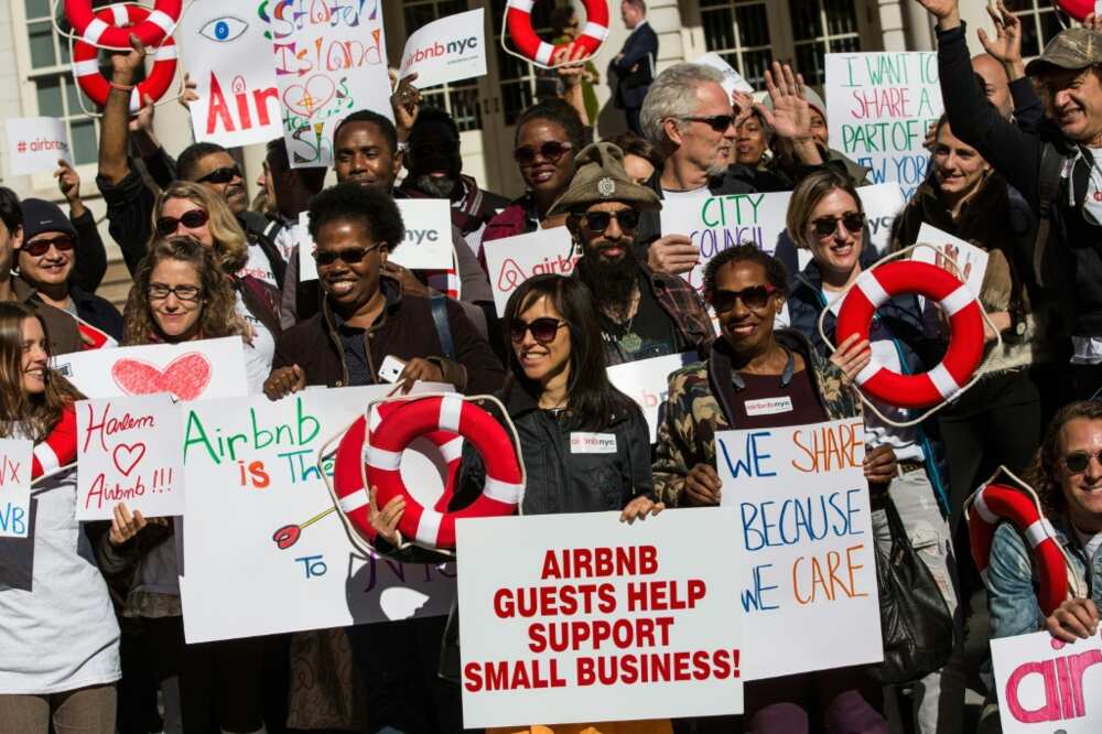 Supporters of Airbnb gather in front of New York City Hall on October 30, 2023, to protest the new legal hurdles for short-term rentals