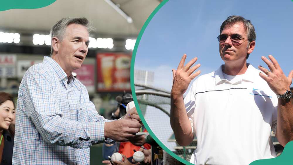 Billy Beane signing autographs for fans (L). Beane on the field before a match against the Chicago Cubs (R)