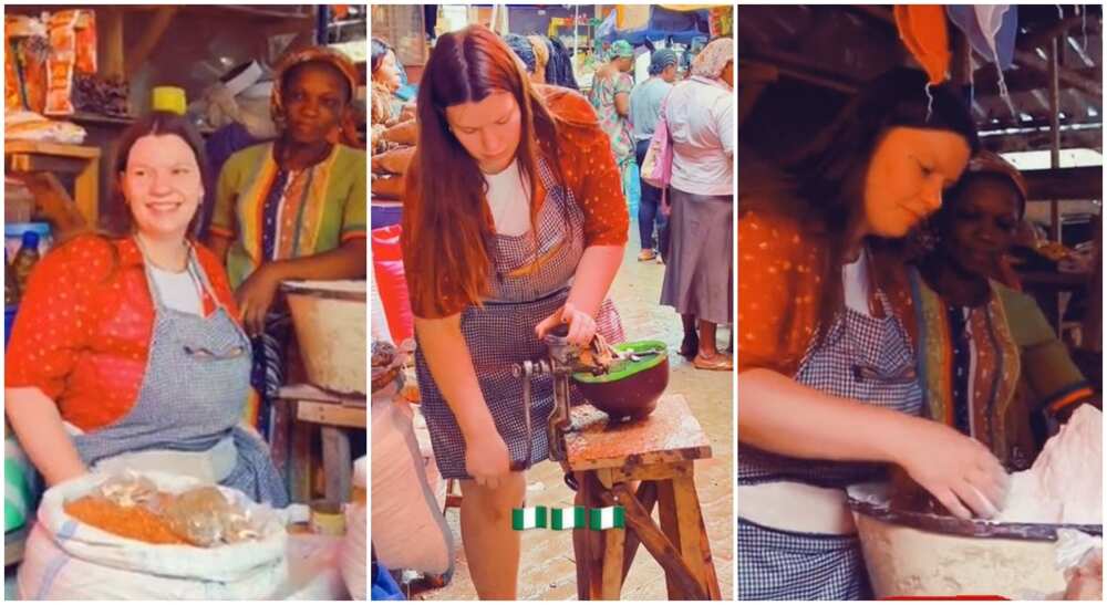 Oyinbo lady seen hustling inside a Nigerian market, goes viral.
