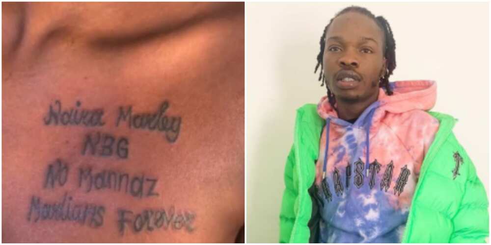 Naira Marley rendered speechless again as die-hard female fan tattoos his name on her chest