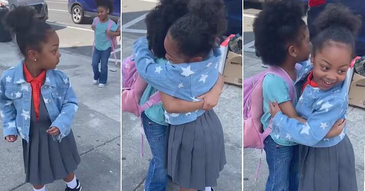 Beautiful kids reunite, tight hug, emotional video