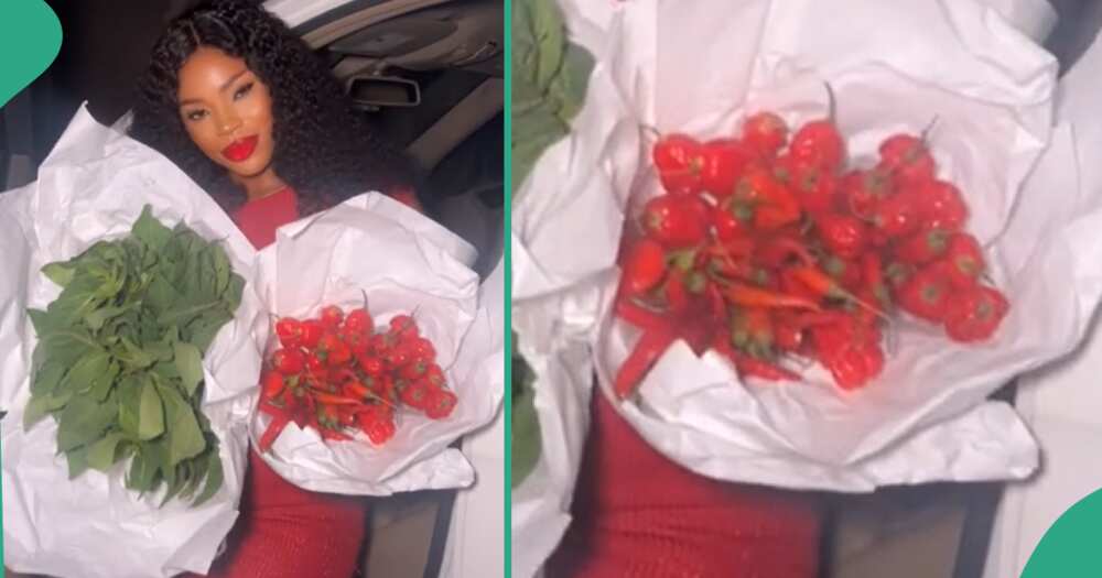 Lady gets pepper from her man as a gift.