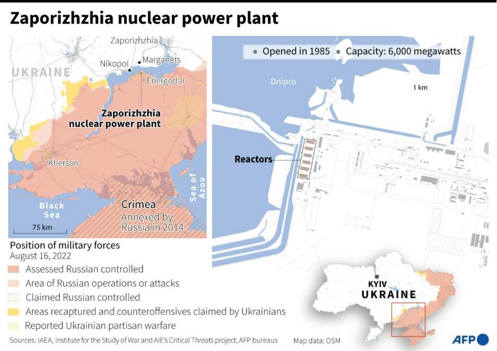 A map showing the Zaporizhzhia nuclear power plant in Ukraine