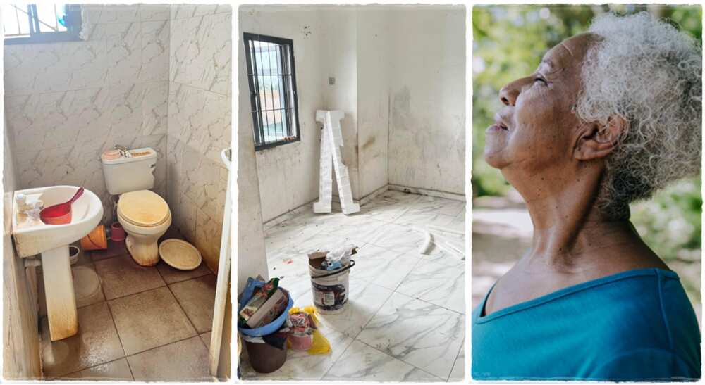 Photos of a dirty room and an old woman.